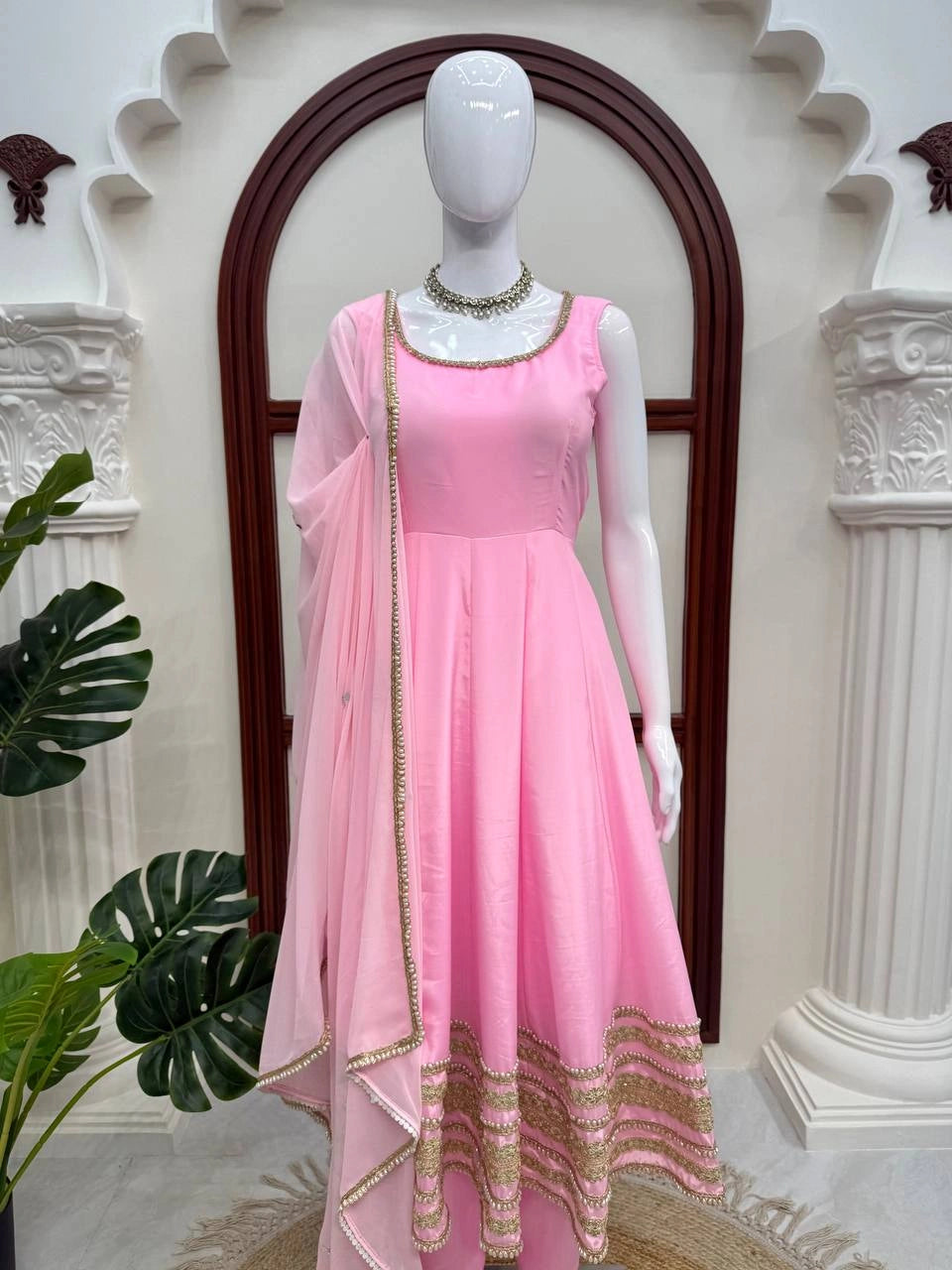 Pink Anarkali Suit mannequin coding dori hem border detail – Kalyanja KU295