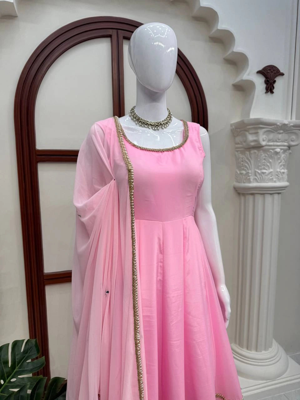 Pink Coding Dori Anarkali Suit mannequin close-up moti neckline – Kalyanja KU295