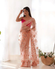 Pink Thread Embroidered Saree full front – KS378