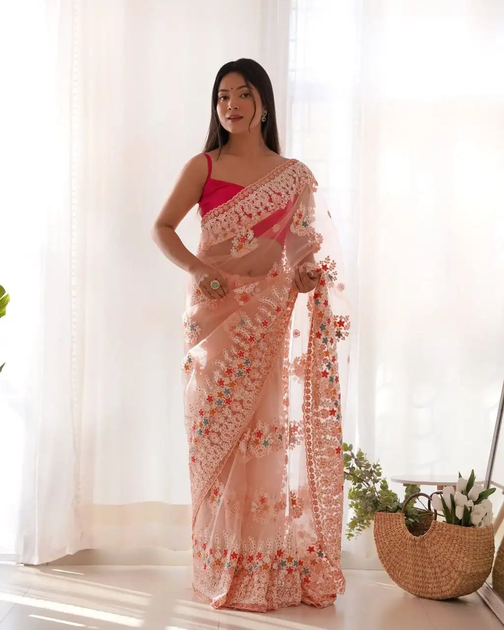 Pink Butterfly Net Saree model drape – KS378