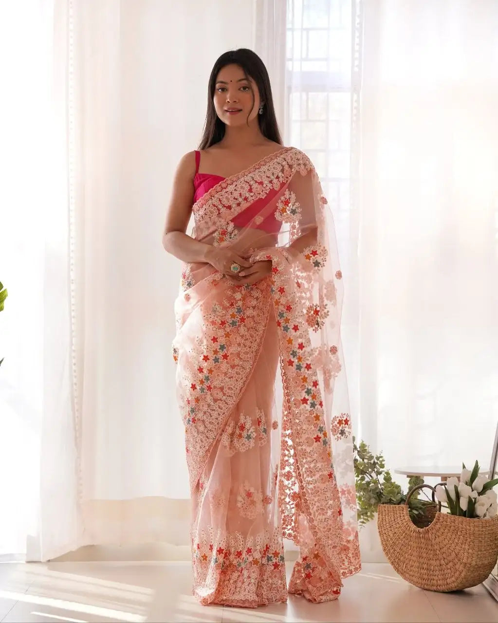Pink Embroidered Saree side view – KS378