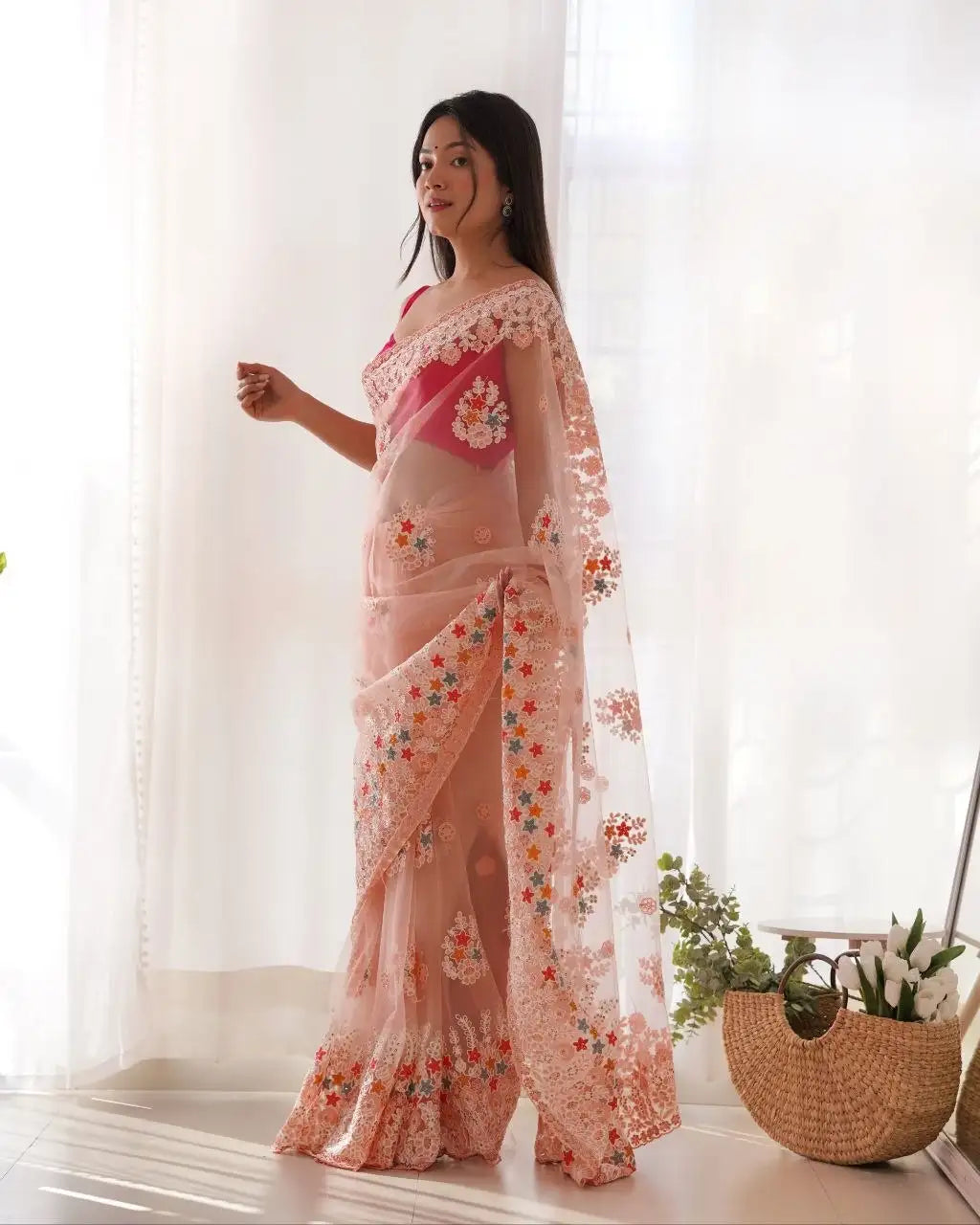 Pink Saree stone work detail – KS378