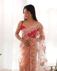 Pink Butterfly Net Saree border scallop – KS378
