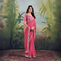 Pink Embroidery Work Georgette Saree