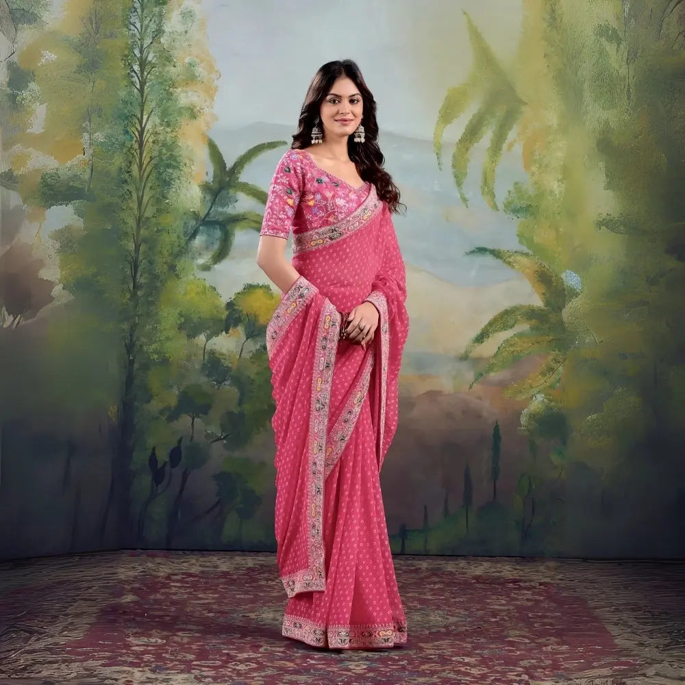 Pink Embroidery Work Georgette Saree