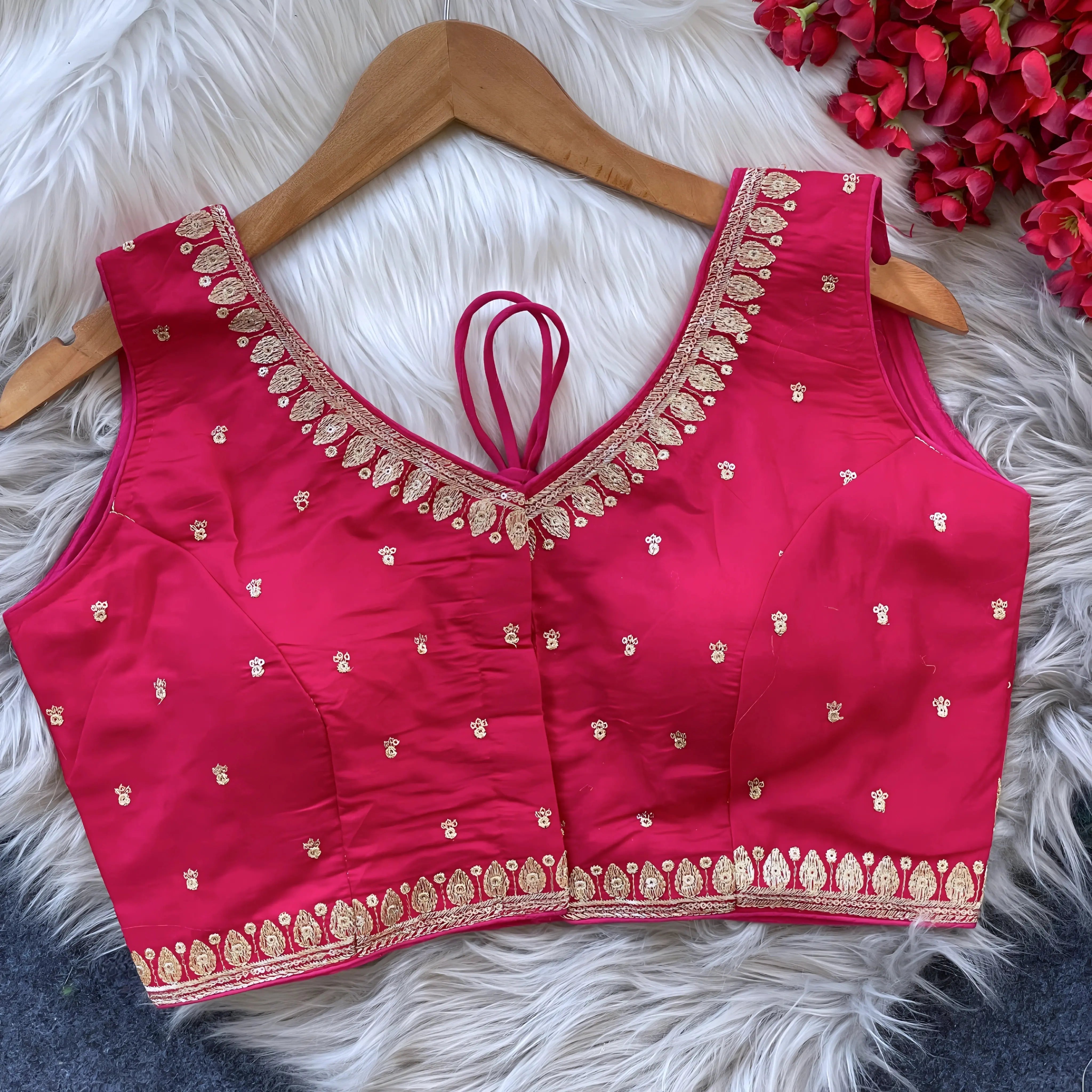 Pink padded blouse with intricate gold embroidery along the neckline and hem, featuring small gold motifs, displayed on a wooden hanger over a white fur surface with red artificial flowers in the background.