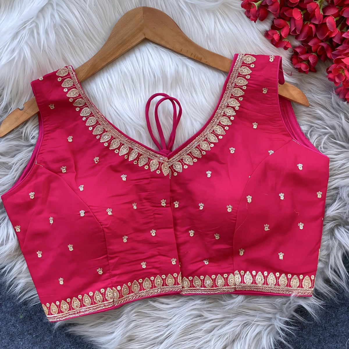 Pink padded blouse with intricate gold embroidery along the neckline and hem, featuring small gold motifs, displayed on a wooden hanger over a white fur surface with red artificial flowers in the background.