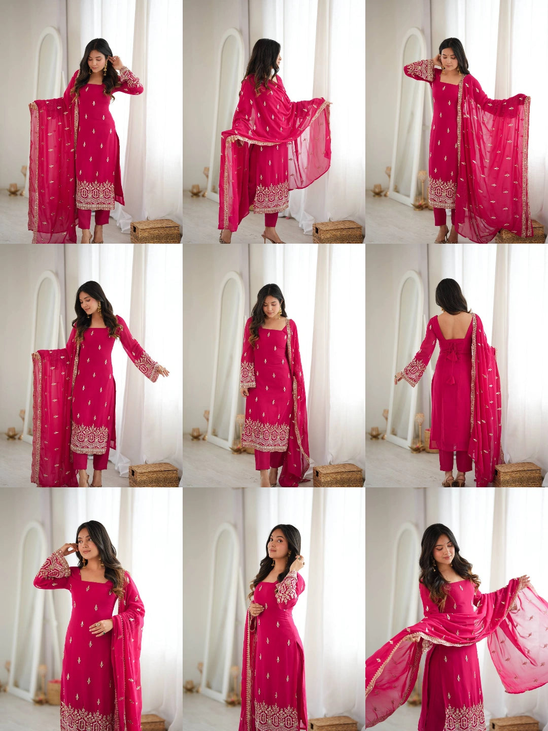 Pink Heavy Beads Sequins Suit KU254 collage all views front back side detail