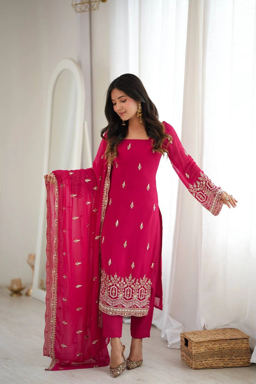 Pink Heavy Beads Sequins Suit front view model arms spread Faux Georgette KU254