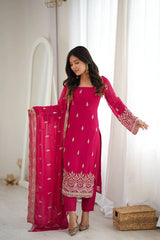Pink Heavy Beads Sequins Suit front view model arms spread Faux Georgette KU254