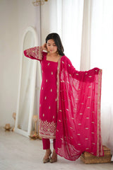 Pink Heavy Beads Suit full length model holding dupatta open showing booti border