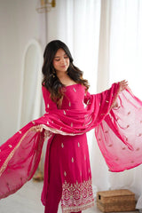 Pink Heavy Beads Sequins Suit model holding dupatta spread showing zari border