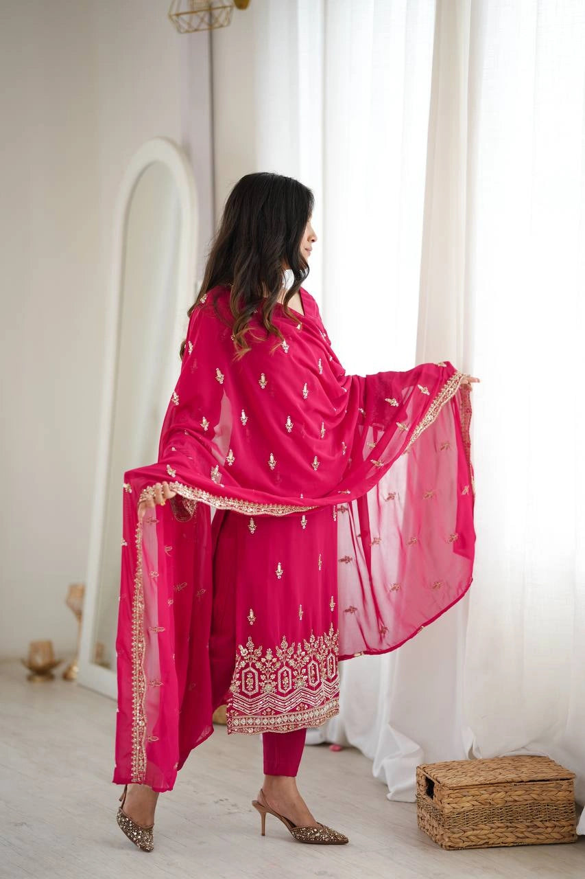 Pink Heavy Beads Suit side back view showing dupatta booti detail