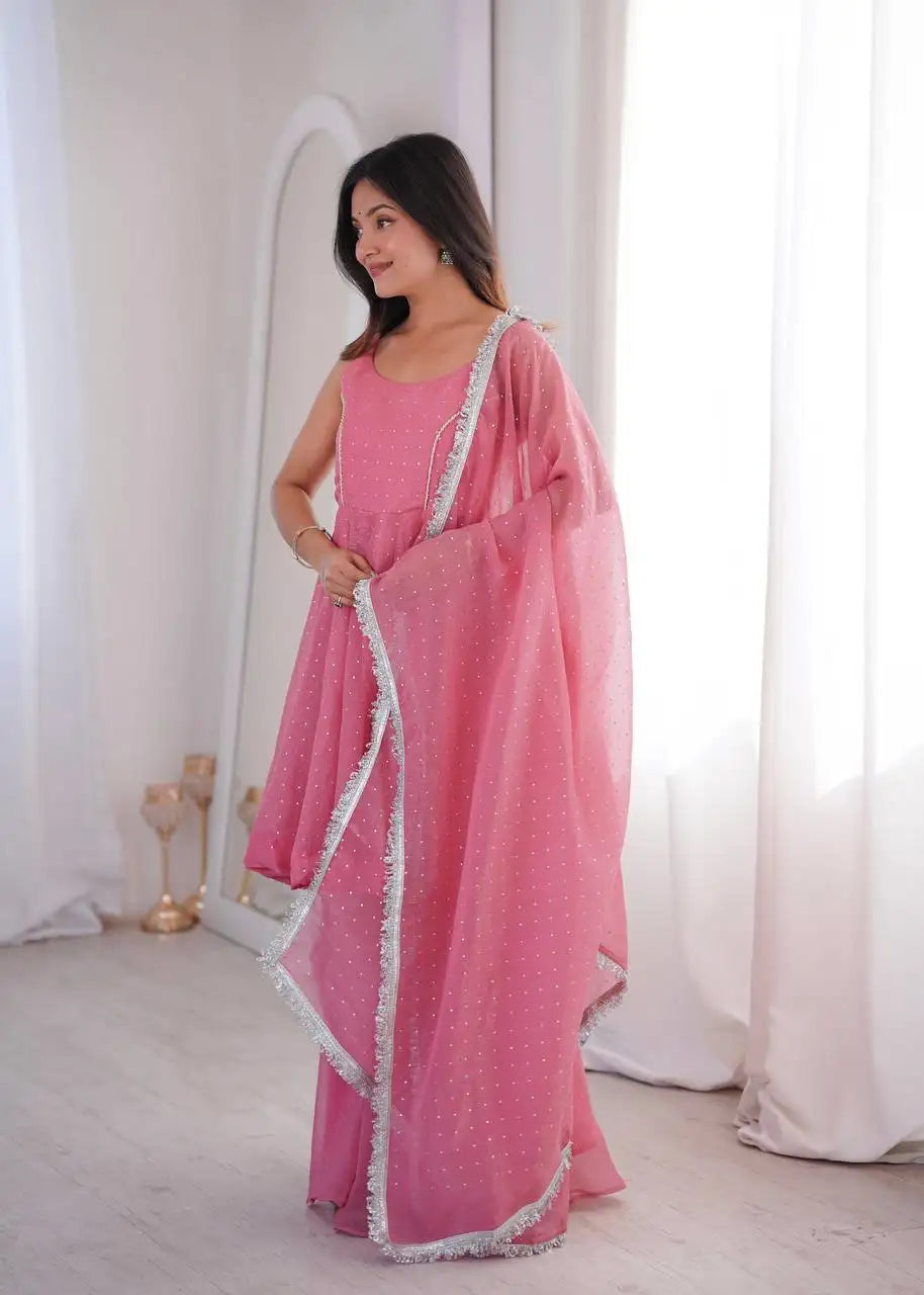 Pink Crunchy Silk Blend Suit KU257 model candid pose A-line