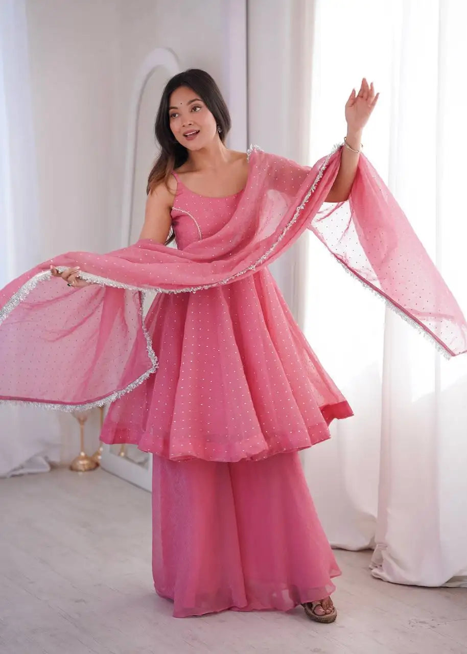Pink Jharkhand Work Suit KU257 model dynamic pose with dupatta