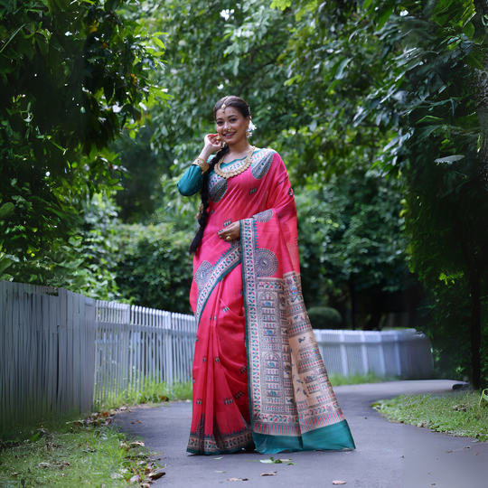 Dark Pink Soft Tussar Silk Madhubani Print Saree
