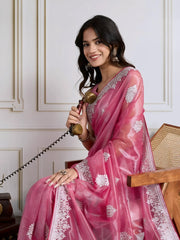 Pink C-Pallu Embroidery with Sequins Work Twill Net Saree