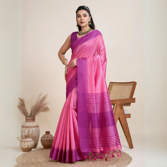Pink Purple Silk Saree Striped Border Modern Studio
