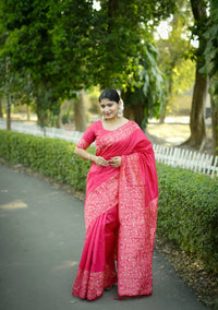 Pink Gala Border Pattern Raw Silk Saree