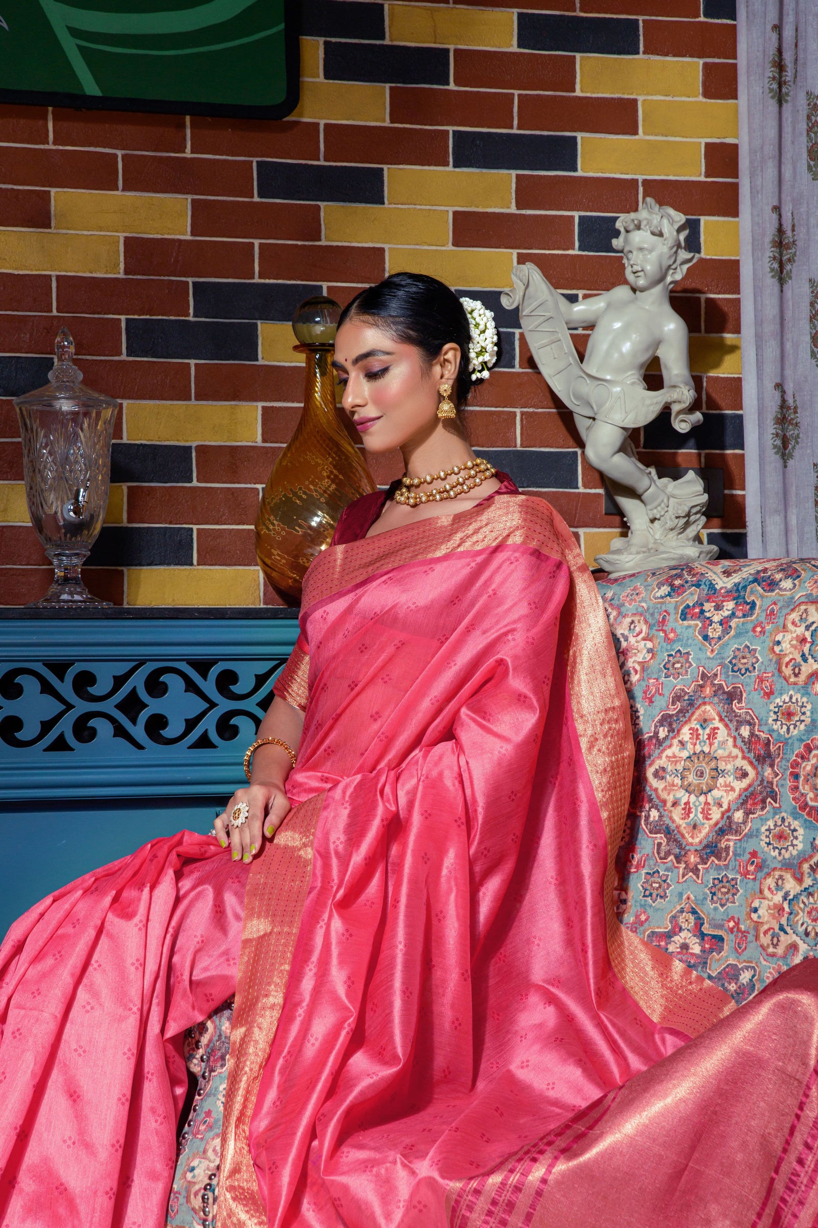 Pink Zari Work Soft Tussar Silk Saree - kalyanja