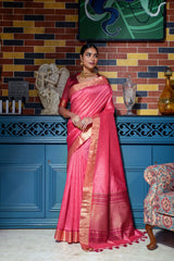 Pink Zari Work Soft Tussar Silk Saree - kalyanja