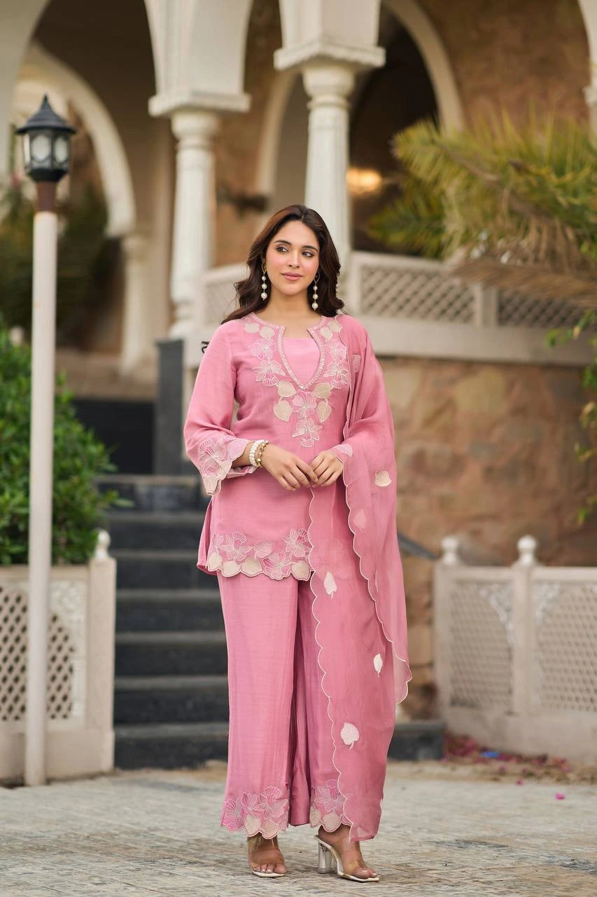 Pink Sequins Embroidered Palazzo Suit front full-length model outdoor – Kalyanja KU301
