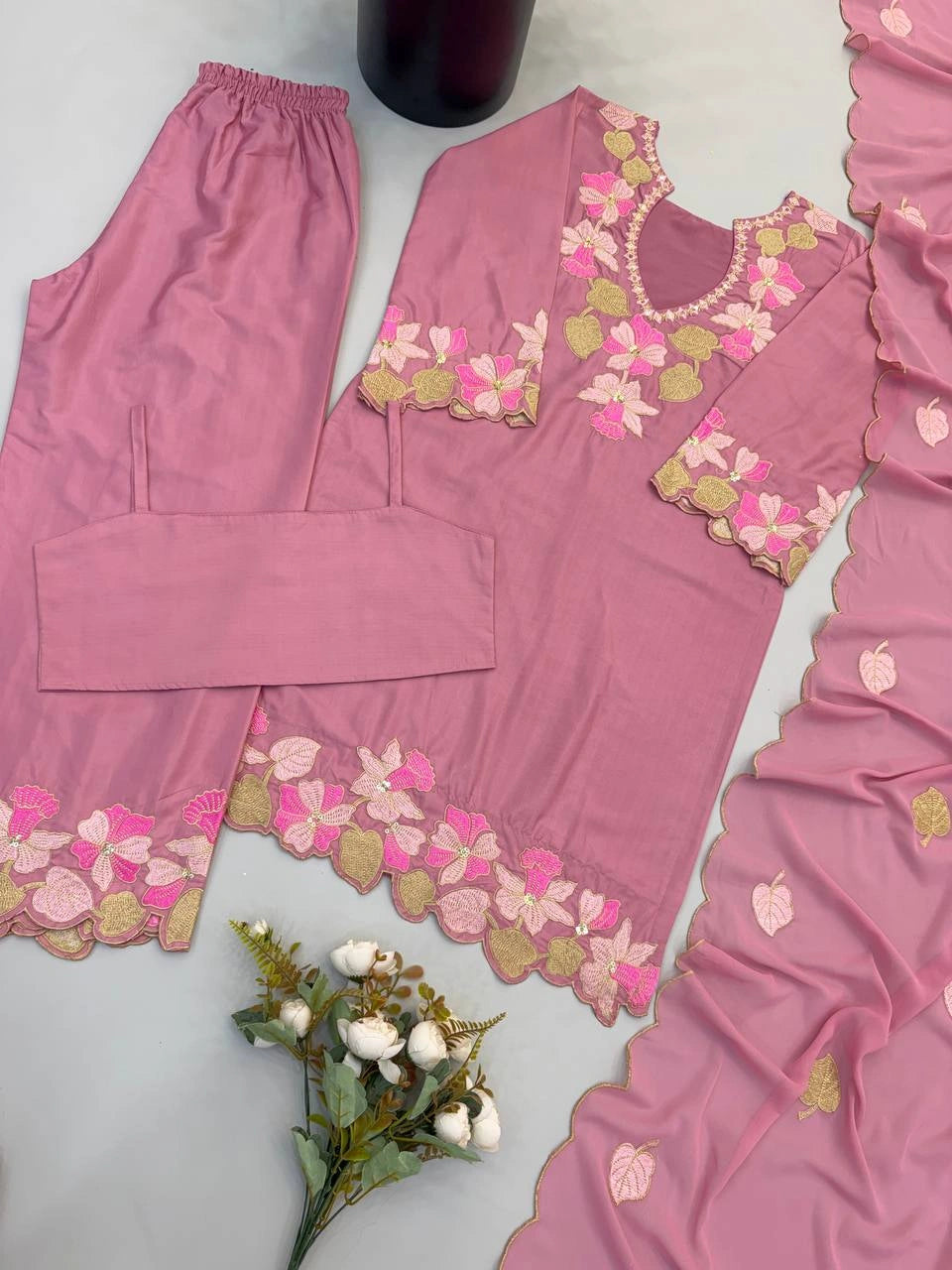 Pink Sequins Embroidered Palazzo Suit flat lay 12 – Kalyanja KU301