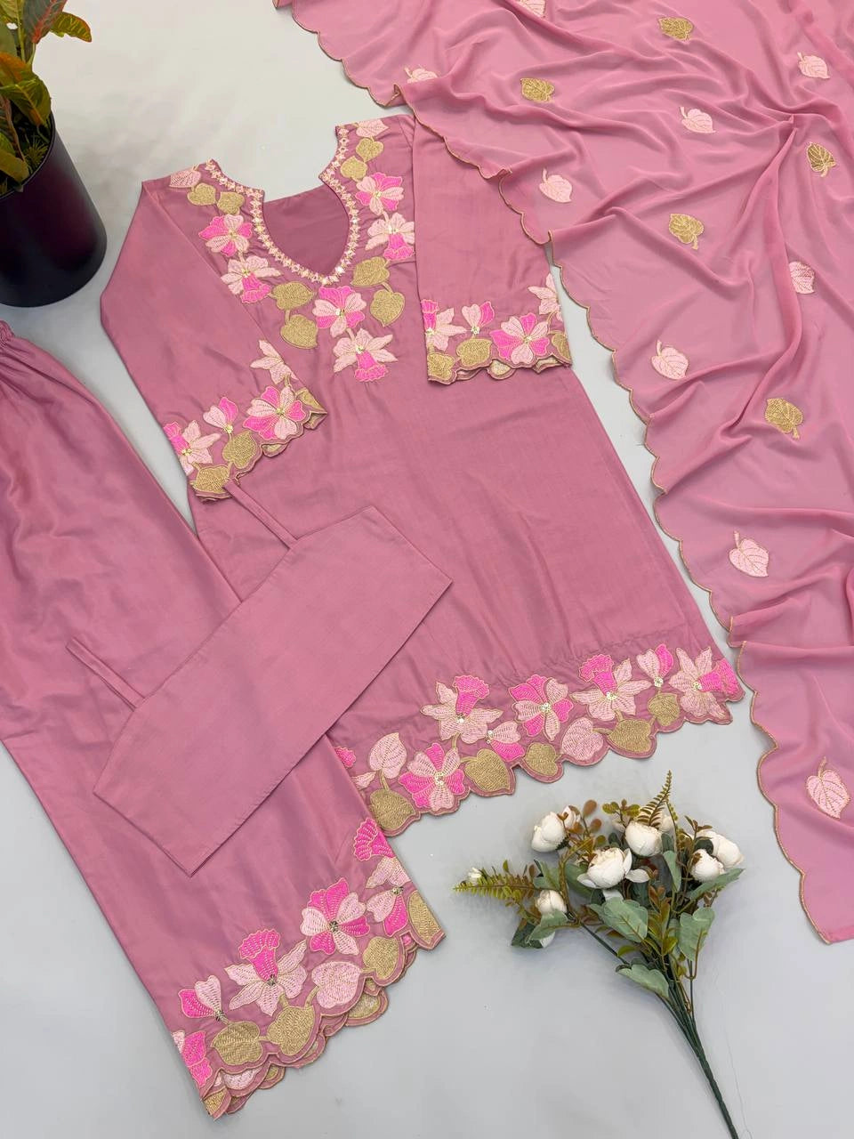 Pink Embroidered Palazzo Suit flat lay 13 – Kalyanja KU301