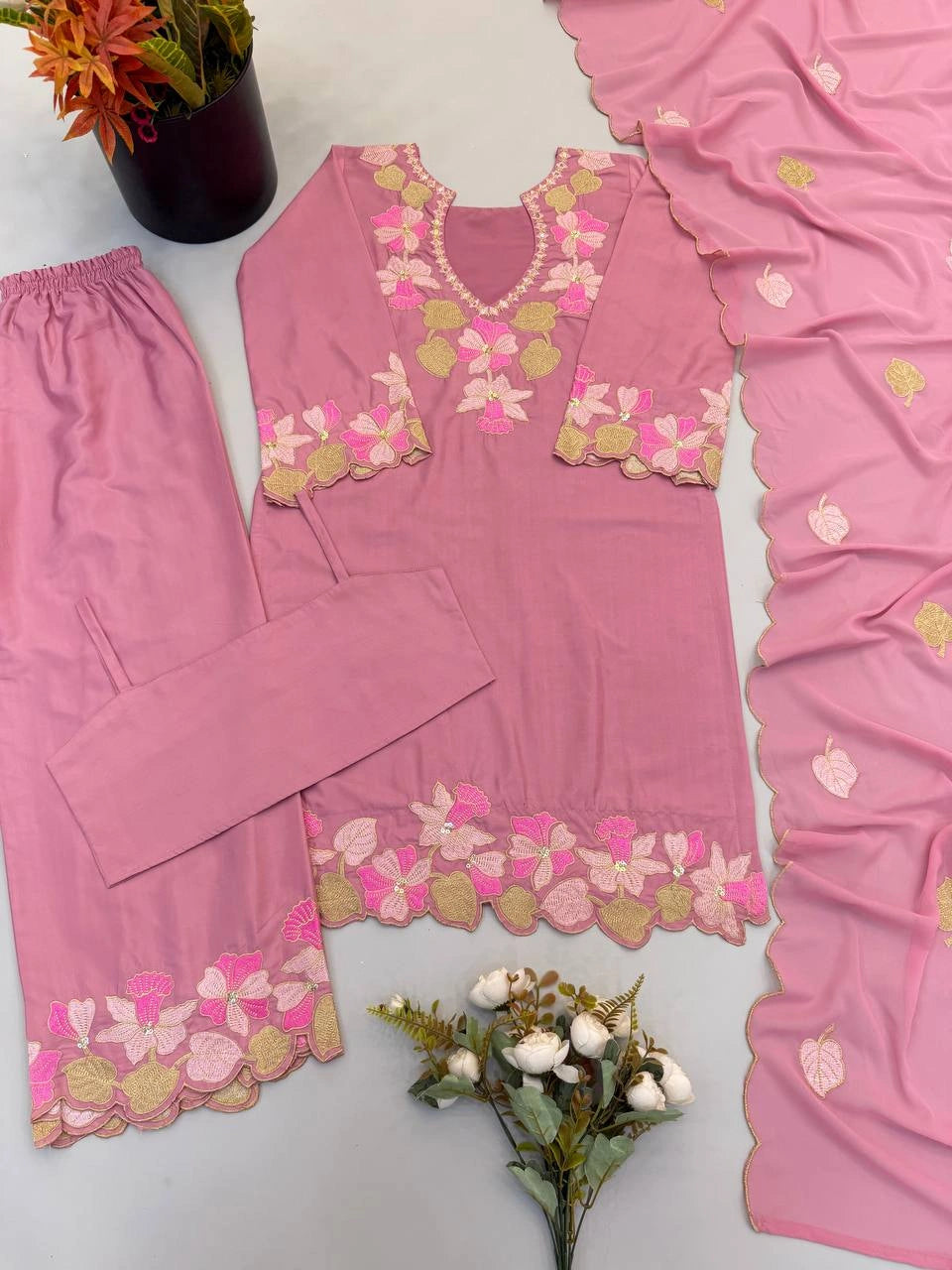 Pink Sequins Embroidered Palazzo Suit flat lay detail 14 – Kalyanja KU301