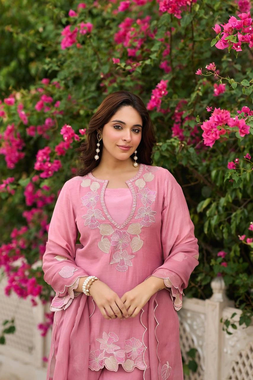Pink Sequins Embroidered Suit portrait outdoor floral background – Kalyanja KU301