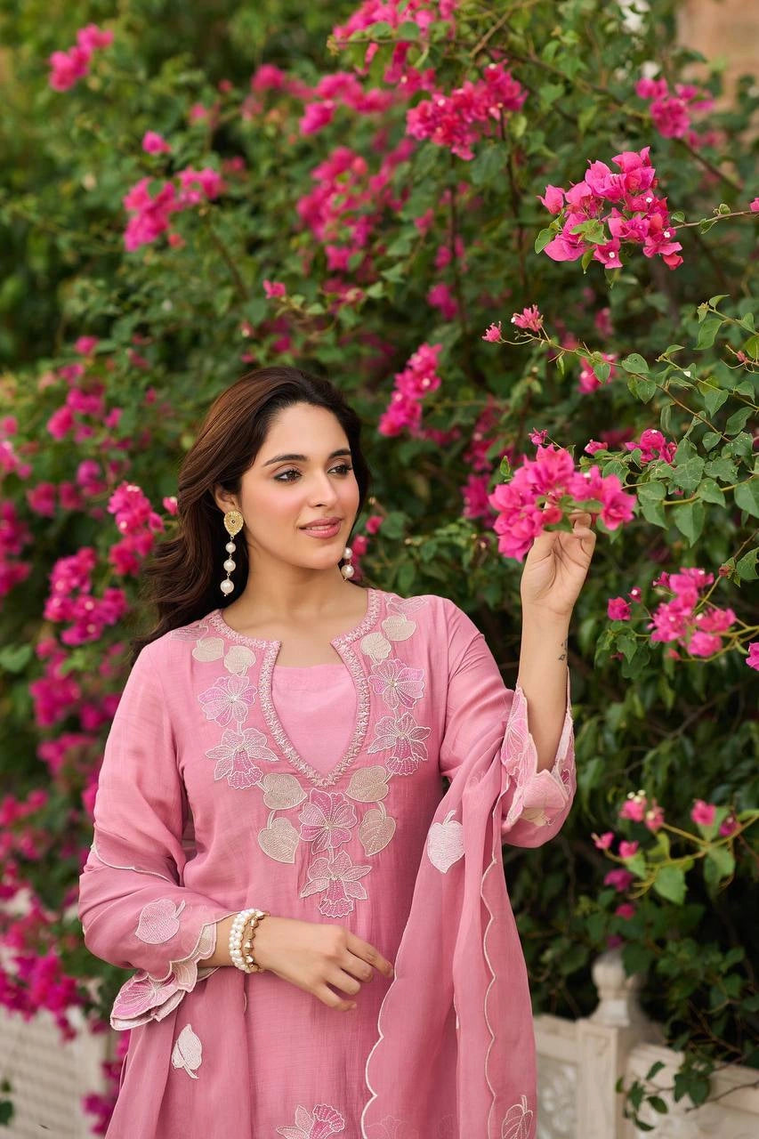 Pink Sequins Embroidered Palazzo Suit model portrait outdoor – Kalyanja KU301