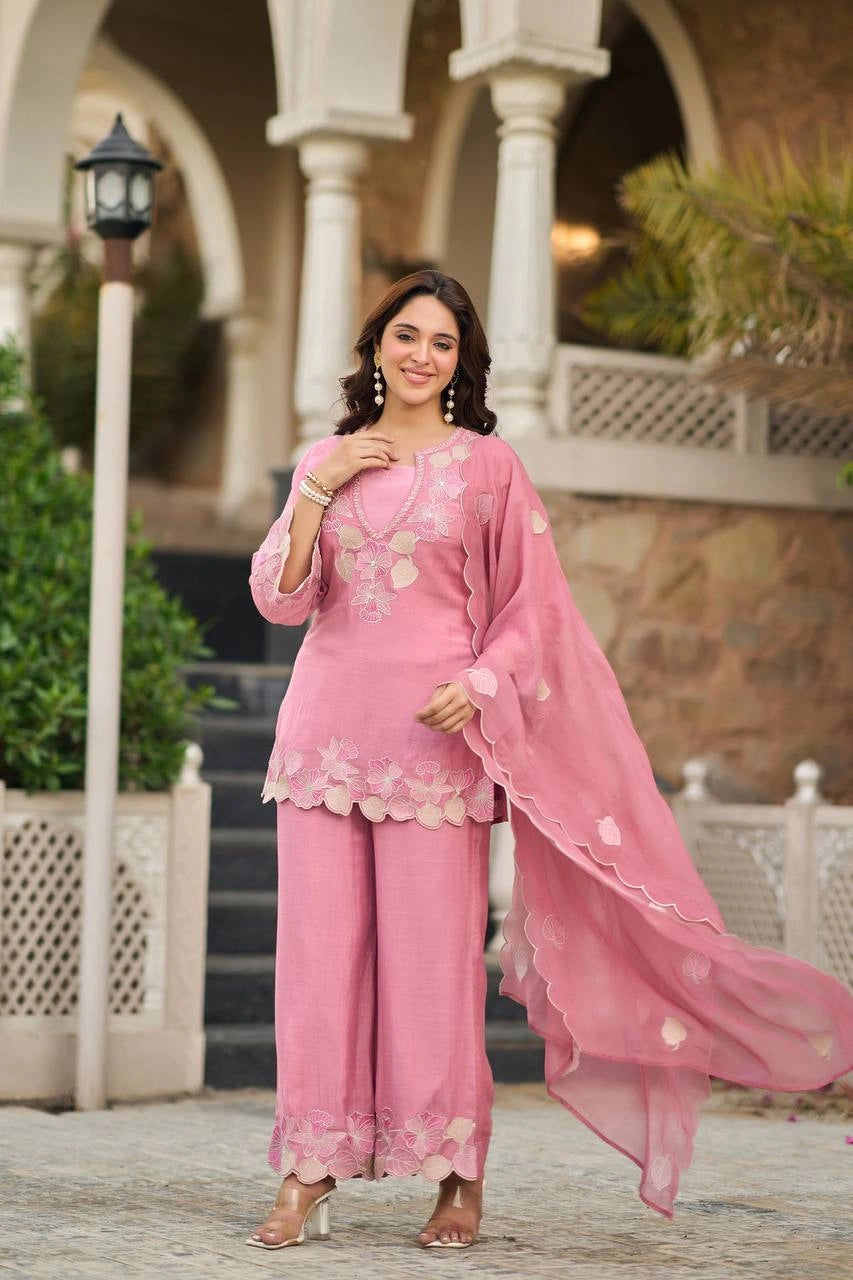 Pink Embroidered Palazzo Suit model shot 6 – Kalyanja KU301