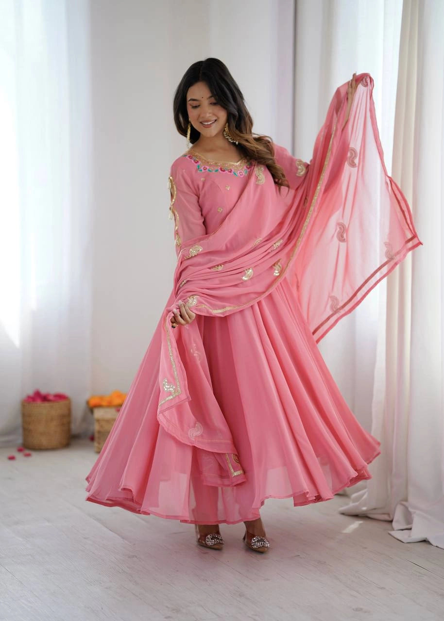 Pink Sequins Embroidered Suit Anarkali model full length action shot KU268