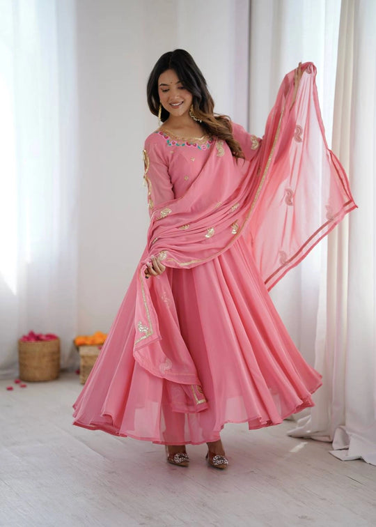 Pink Sequins Embroidered Suit Anarkali model full length action shot KU268