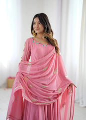 Pink Anarkali Suit model close-up embroidery sequins work KU268