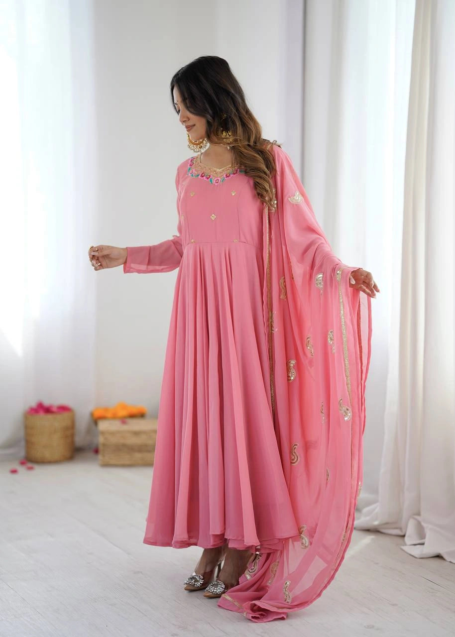 Pink Suit model back view open dori tie-up neckline KU268