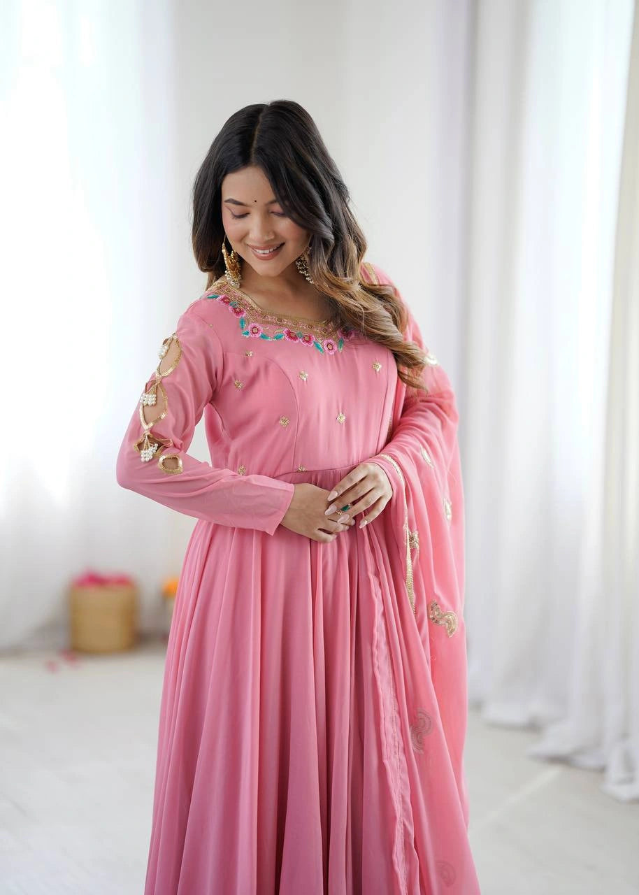 Pink Sequins Embroidered Suit model upper body front KU268