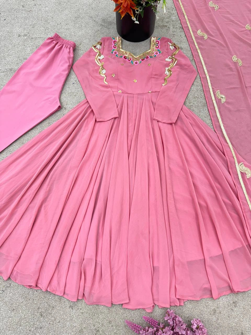 Pink Anarkali Suit flatlay suit pant dupatta display KU268