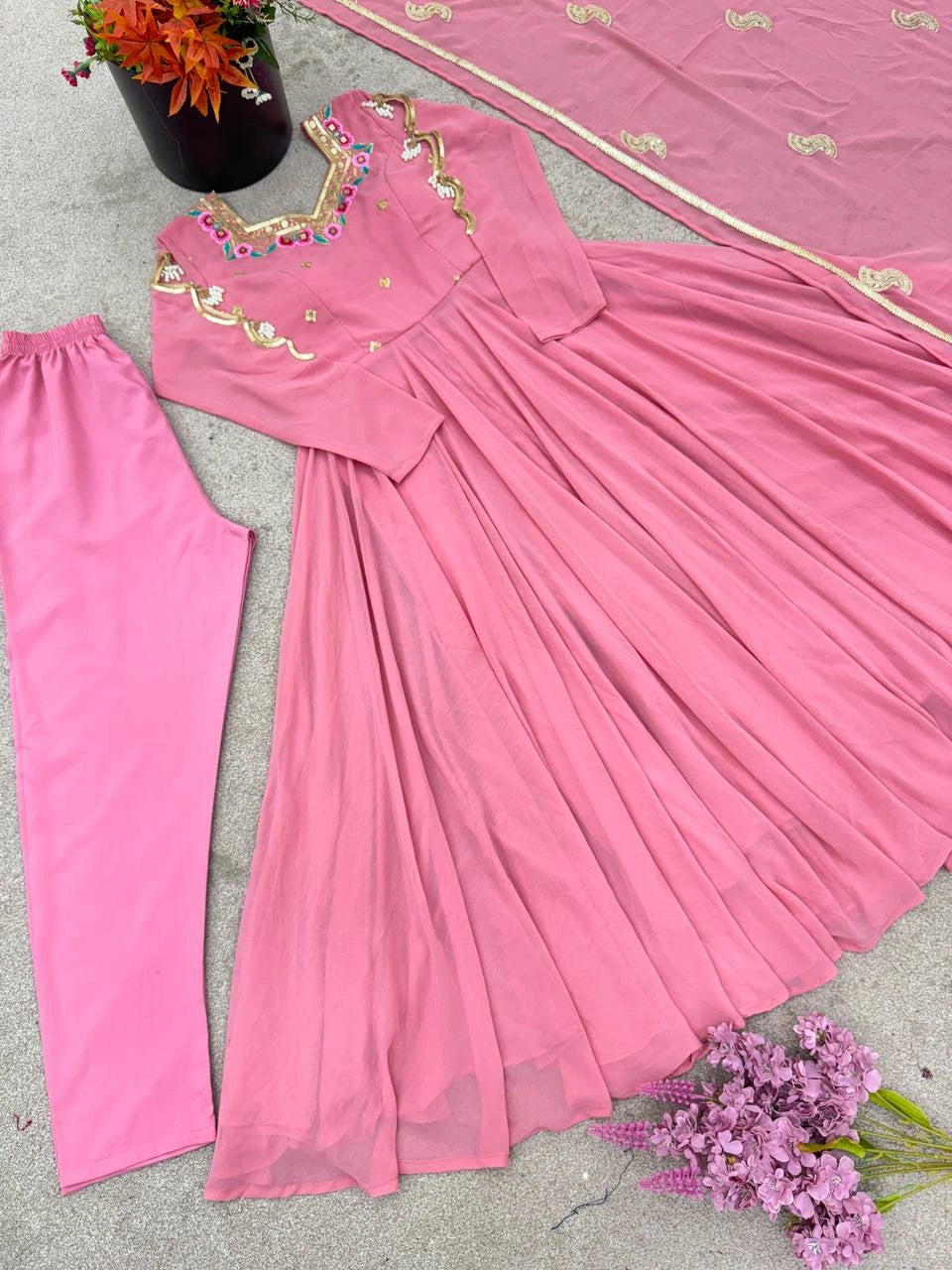 Pink Sequins Suit flatlay fabric dupatta booti detail KU268