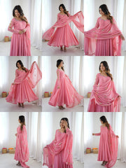 Pink Sequins Embroidered Anarkali Suit panoramic flatlay KU268
