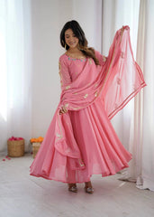 Pink Sequins Embroidered Suit Anarkali model full length action shot KU268