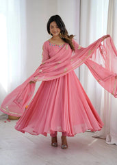 Pink Anarkali Faux Georgette Suit model front pose with dupatta KU268
