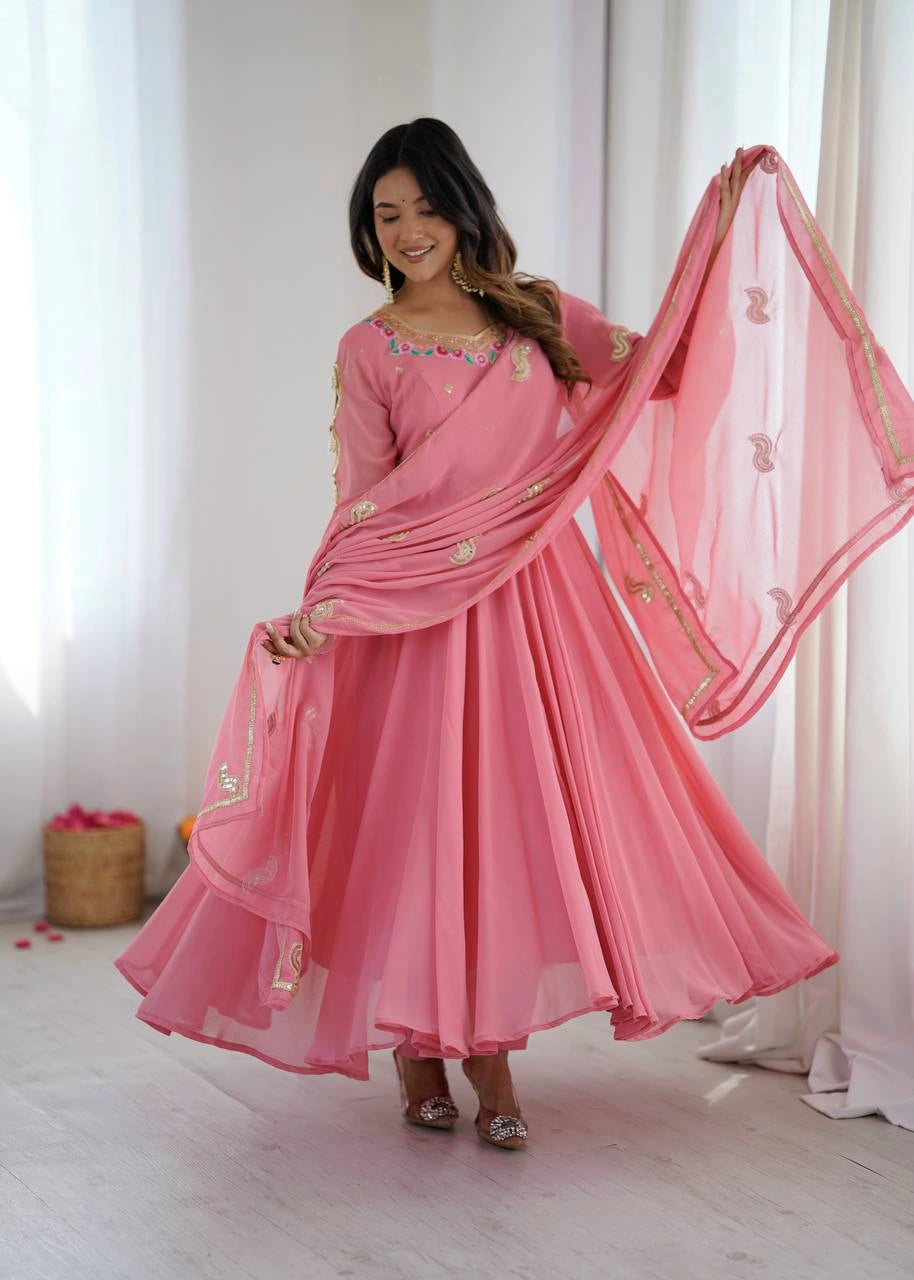 Pink Sequins Embroidered Suit model three quarter view V-neck KU268
