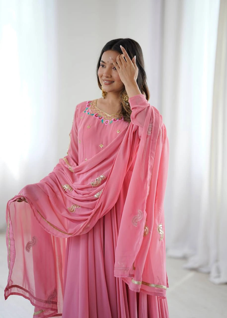 Pink Sequins Embroidered Suit model sitting pose dupatta KU268