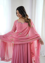 Pink Anarkali Suit model upper body neckline embroidery KU268