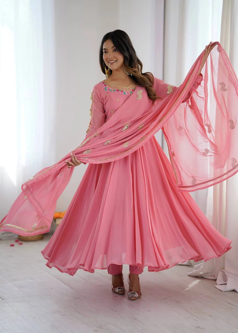 Pink Suit model different angle faux georgette fabric KU268