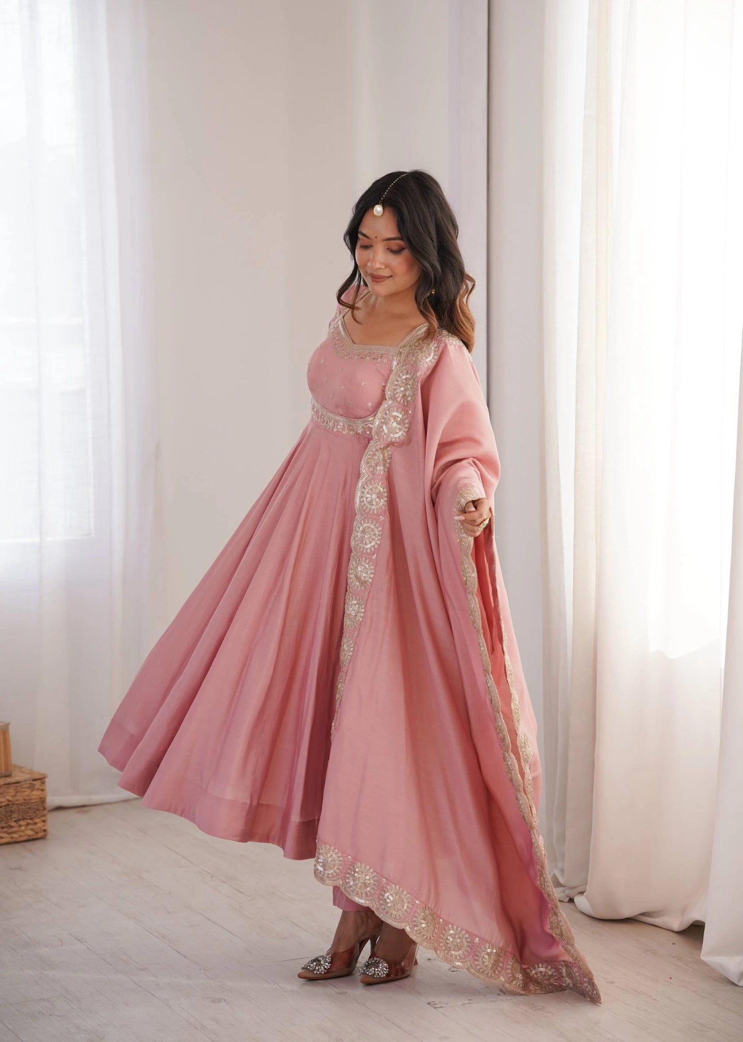 Pink Sequins Embroidered Suit Roman Silk Blend KU274 Kalyanja