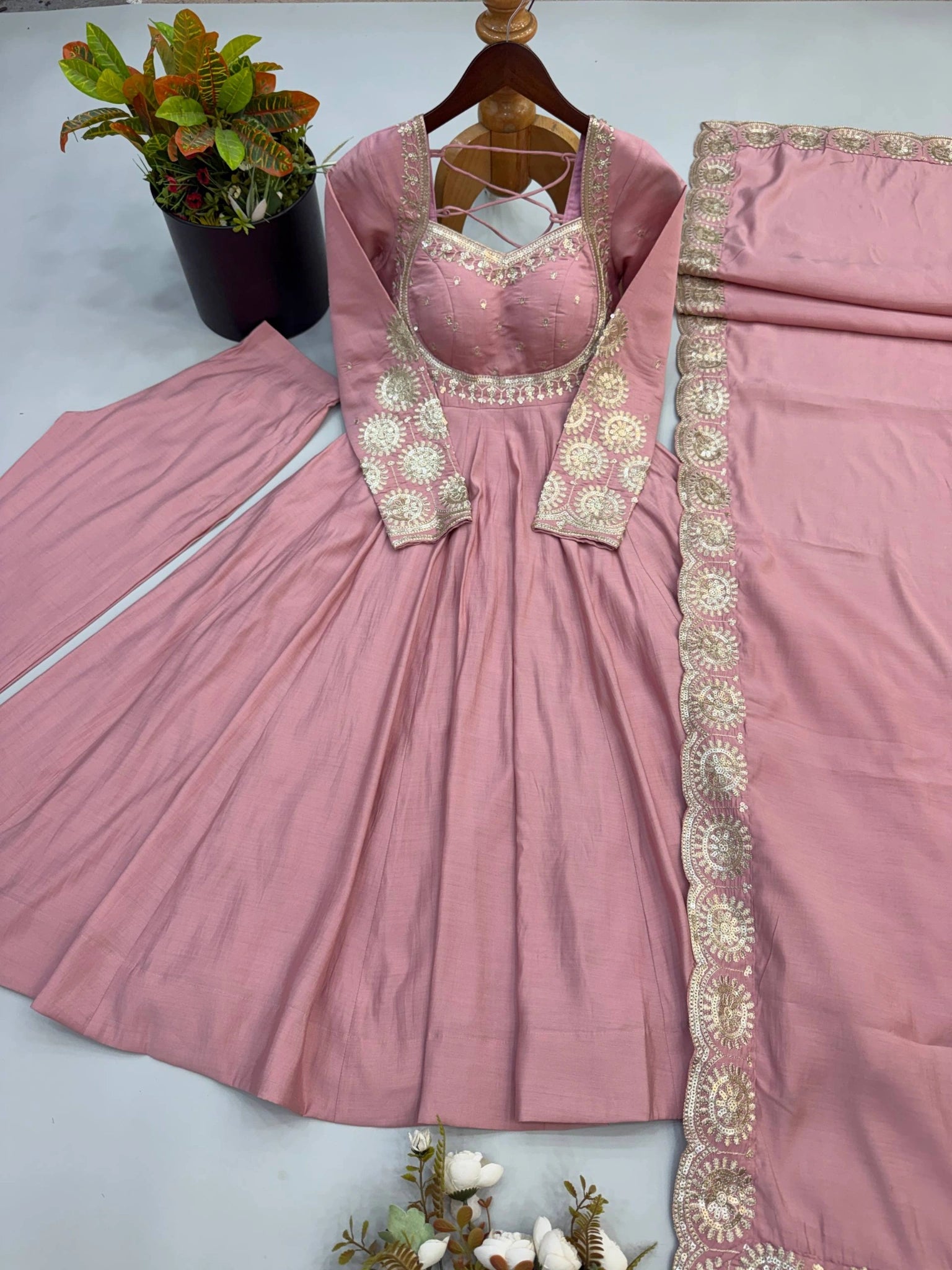 Pink Sequins Embroidered Suit Deep Back Dori KU274 Kalyanja