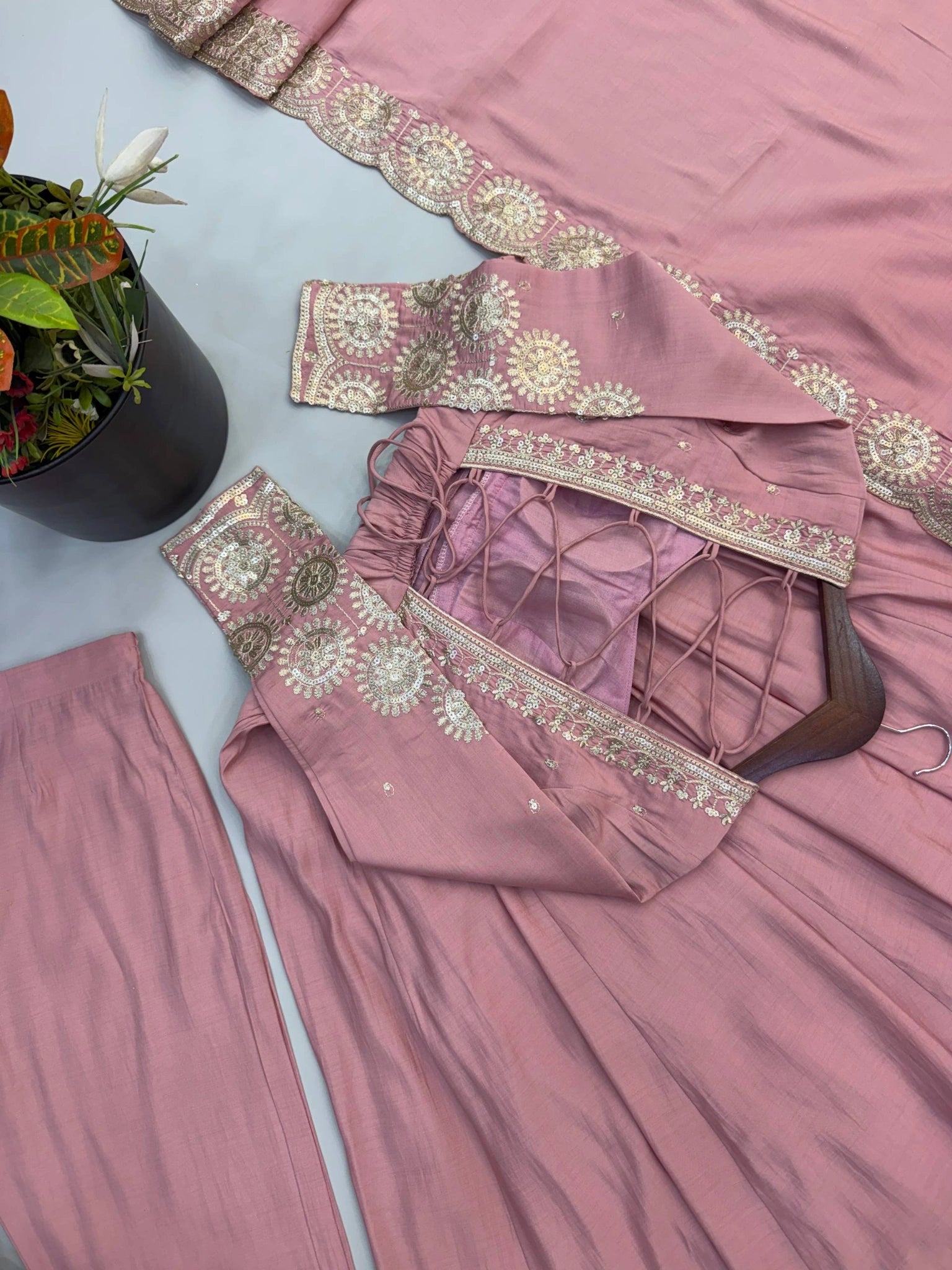 Pink Anarkali Suit Flat Lay All Pieces KU274 Kalyanja