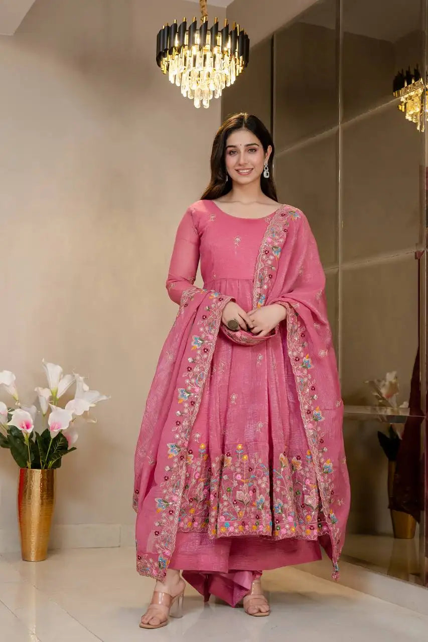 Pink Sequins Thread Embroidered A-Line Suit KU255 front view full length